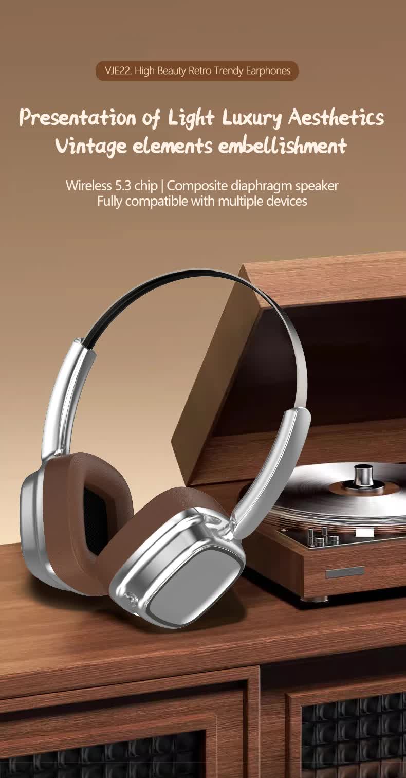 Silver & Brown Compact Retro Wireless Bluetooth Headphones. Deep Bass & Immersive Sound
