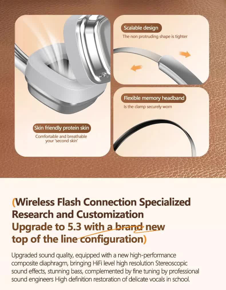 Silver & Brown Compact Retro Wireless Bluetooth Headphones. Deep Bass & Immersive Sound