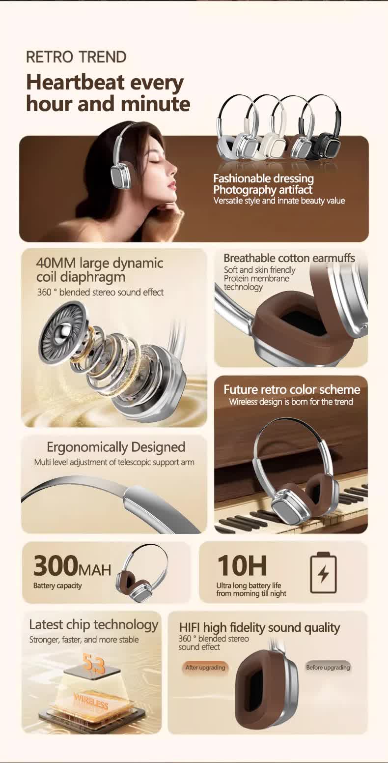 Silver Compact Retro Wireless Bluetooth Headphones – Deep Bass & Immersive Sound