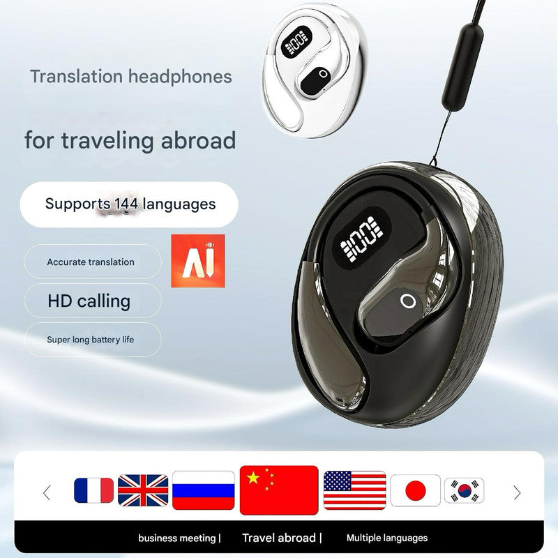AI Smart Translation Earbuds – Open-Ear TWS Bluetooth Headphones with 144 Language Support & LED Display Case – Black