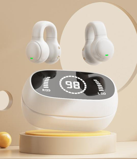 Open-Ear Conduction TWS Earbuds – Bluetooth 5.4, 9D Surround Sound, LED Display, Long Battery Life – White