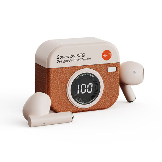 Retro Camera Style TWS Earbuds – Bluetooth 5.4, ENC Noise Cancellation, Low Latency Gaming – Orange