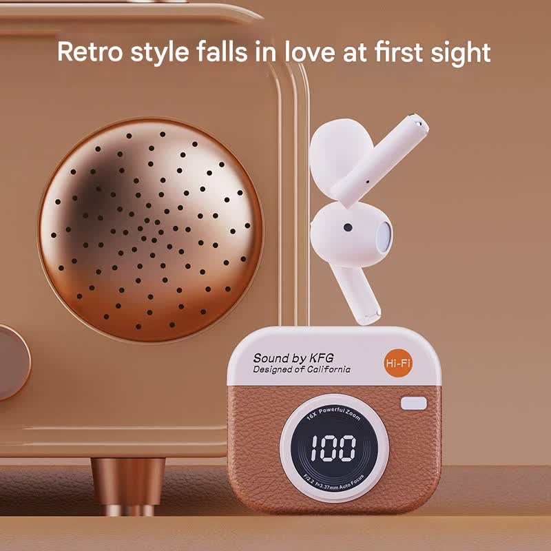 Retro Camera Style TWS Earbuds – Bluetooth 5.4, ENC Noise Cancellation, Low Latency Gaming – Orange