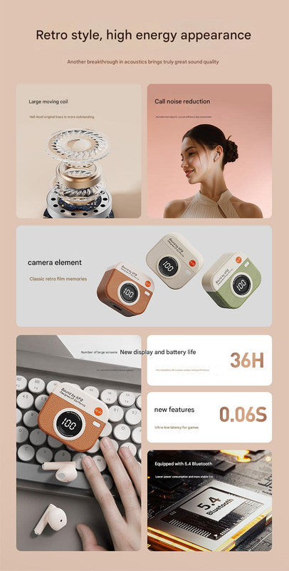 Retro Camera Style TWS Earbuds – Bluetooth 5.4, ENC Noise Cancellation, Low Latency Gaming – Orange