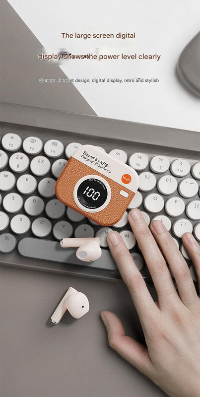 Retro Camera Style TWS Earbuds – Bluetooth 5.4, ENC Noise Cancellation, Low Latency Gaming – Orange
