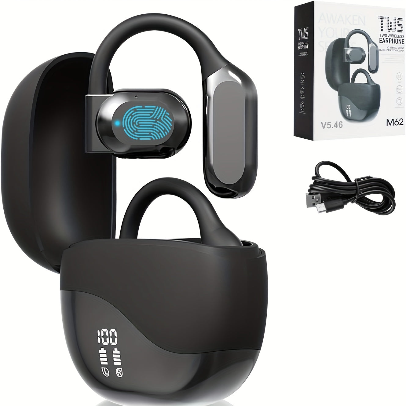 Black Open-Ear Bluetooth Headset – Comfortable Fit, Real-Time Translation & LED Display