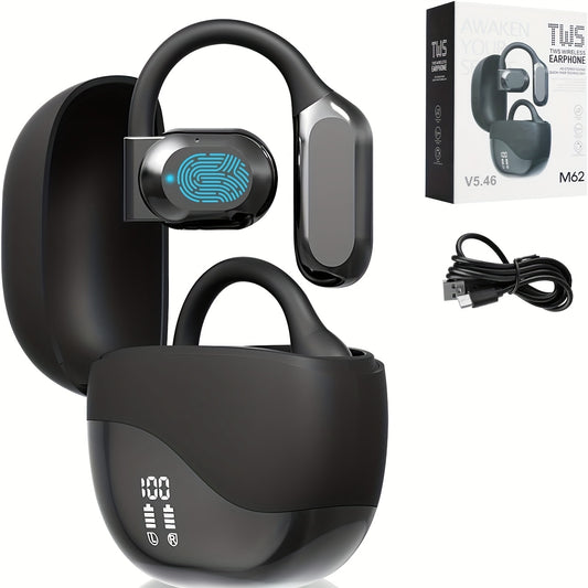 Black Open-Ear Bluetooth Headset – Comfortable Fit, Real-Time Translation & LED Display