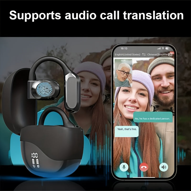 Black Open-Ear Bluetooth Headset – Comfortable Fit, Real-Time Translation & LED Display