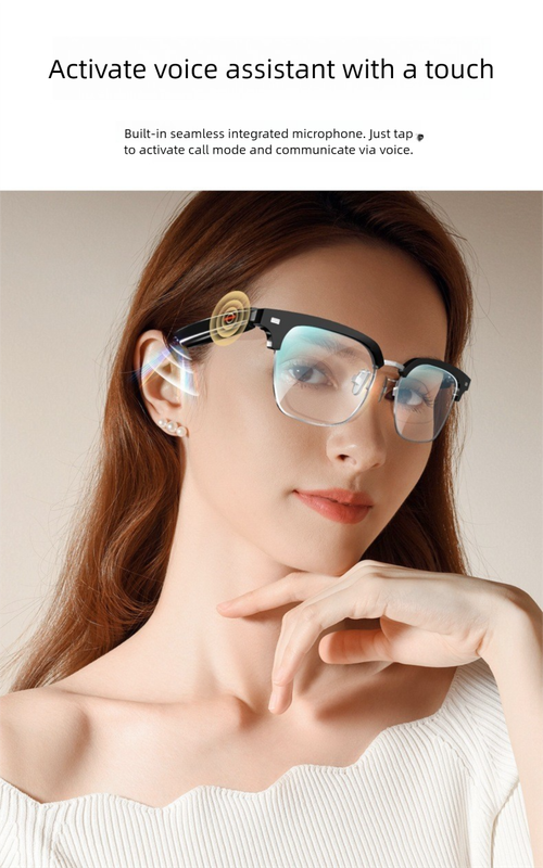 Black Smart Audio Glasses with Bluetooth 5.0 – Half Frame Sunglasses, Open-Ear Sound, Anti-Blue Light Lenses, IP65 Water Resistant