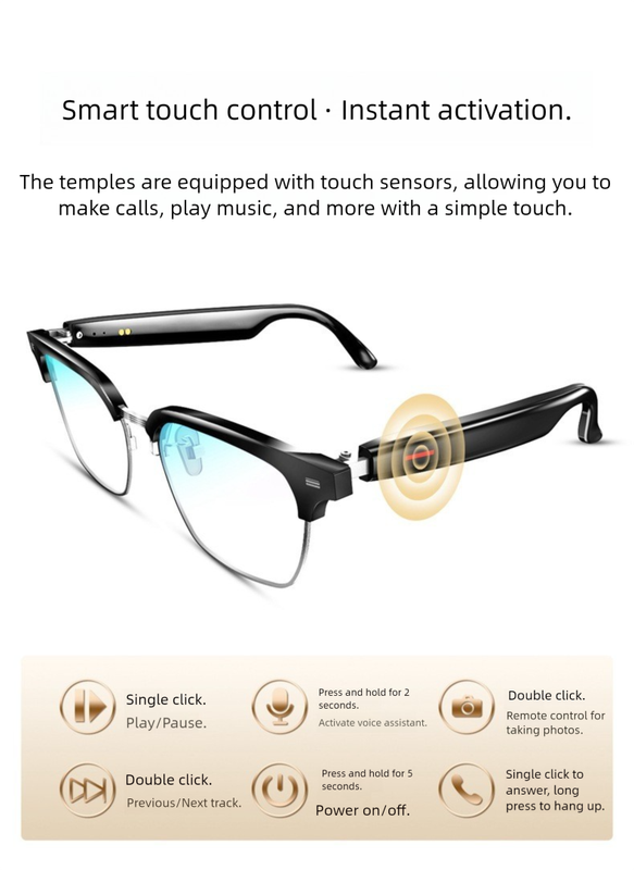 Black Smart Audio Glasses with Bluetooth 5.0 – Full Frame Sunglasses, Open-Ear Sound, Anti-Blue Light Lenses, IP65 Water Resistant