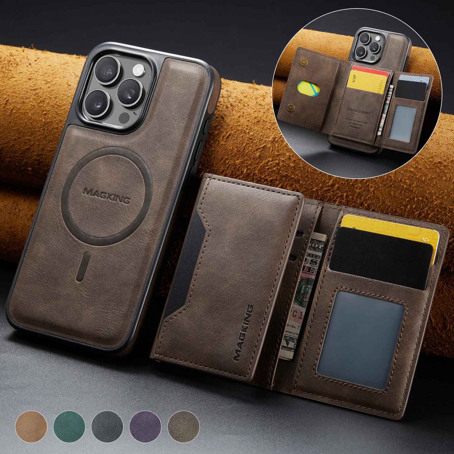 Coffee Premium MagSafe Wallet Case for iPhone 16 Pro Max – Detachable PU Leather Magnetic Card Holder