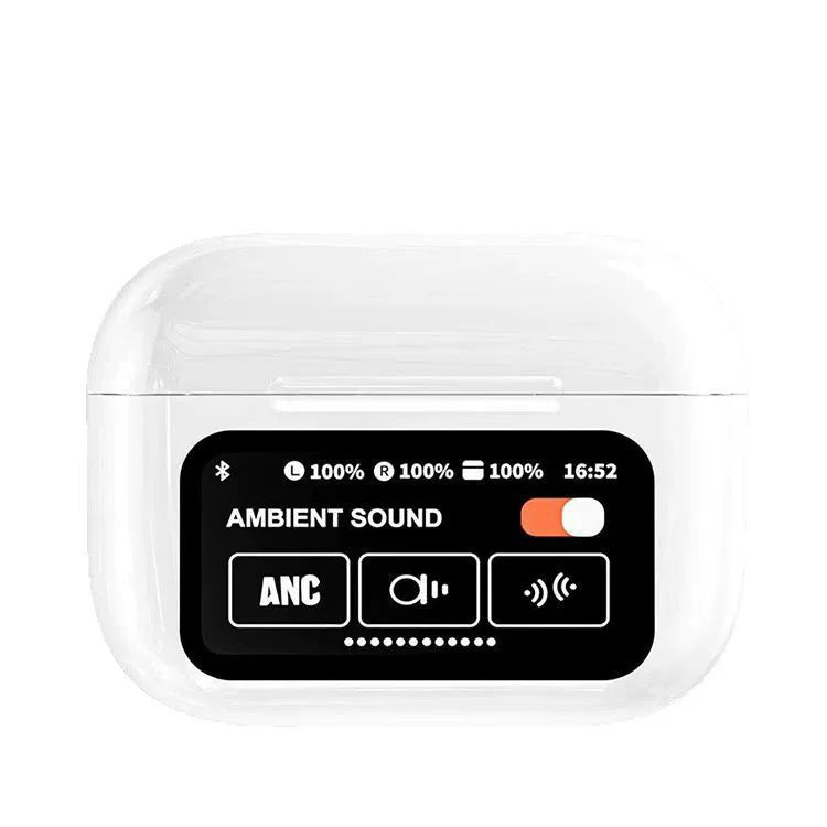 White AuraTune Pro TWS Earbuds – Interactive LCD Case, ANC + ENC Noise Cancellation, AI Translation & EQ Modes