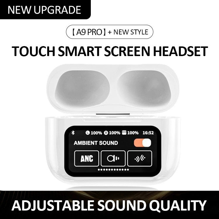 White AuraTune Pro TWS Earbuds – Interactive LCD Case, ANC + ENC Noise Cancellation, AI Translation & EQ Modes