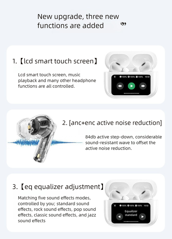 White AuraTune Pro TWS Earbuds – Interactive LCD Case, ANC + ENC Noise Cancellation, AI Translation & EQ Modes