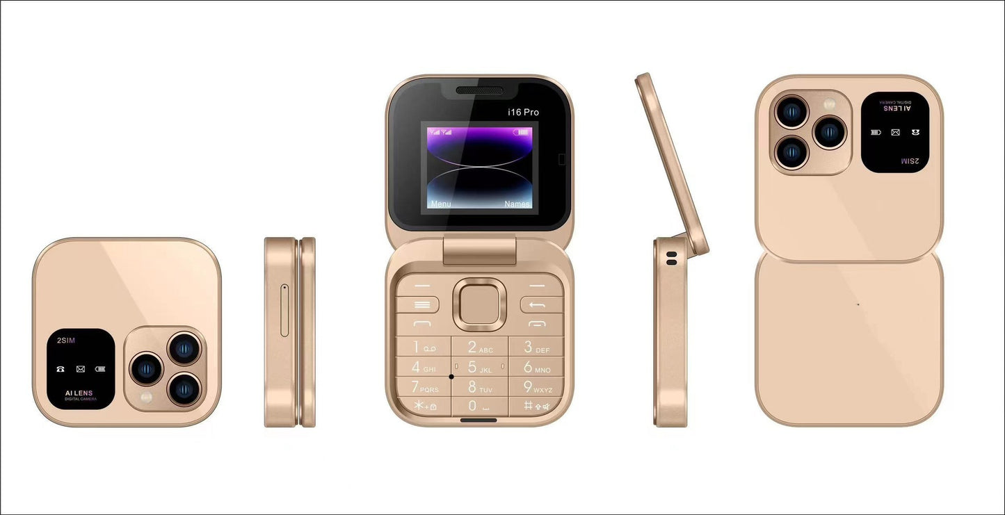 16 Pro Mini Flip Phone (Gold) – Dual SIM, AI Lens Digital Camera, Compact Pocket-Size Mobile, Stylish Retro Design