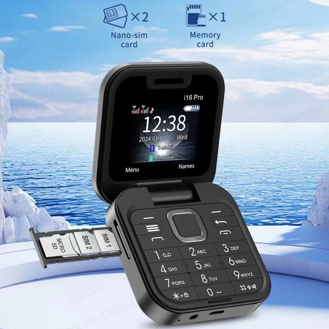 16 Pro Mini Flip Phone (Gold) – Dual SIM, AI Lens Digital Camera, Compact Pocket-Size Mobile, Stylish Retro Design