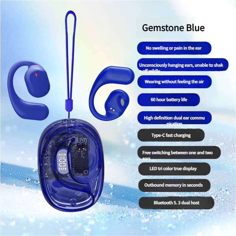 OWS Open-Ear TWS Bluetooth 5.4 Earbuds with AI Voice Translation, LED Display Charging Case, 360° ACS Sound – Blue