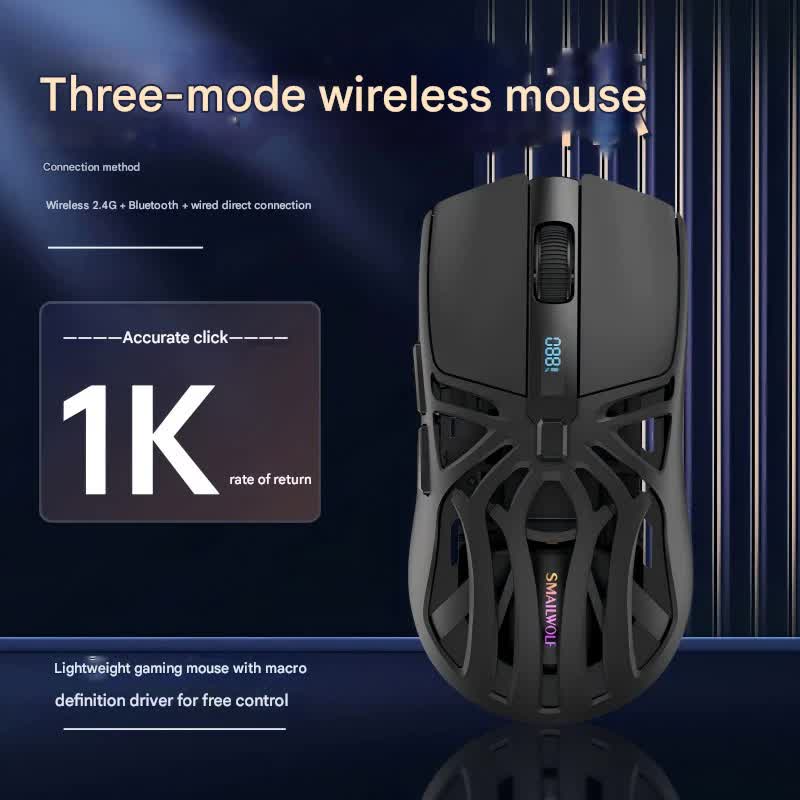 Tri-Mode Wireless Gaming Mouse – 1KHz Polling Rate, 10000 DPI, LED Digital Display, Lightweight 73g – Black