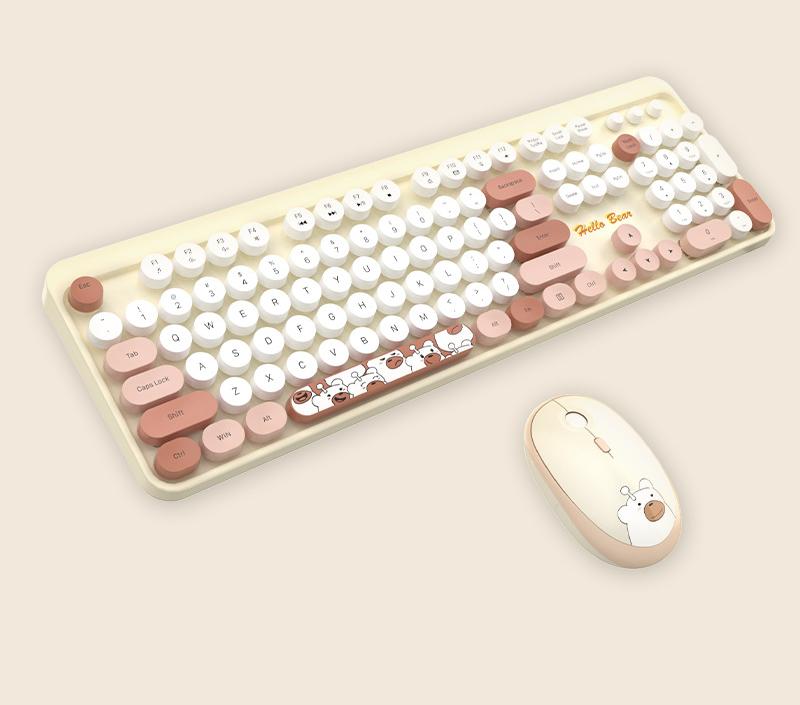 Hello Bear” Wireless Keyboard and Mouse Combo – 2.4G Connection, Retro Round Keycaps – Milk Tea Color