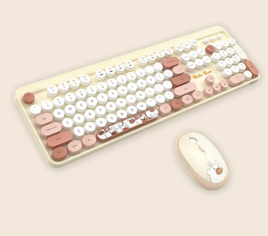 Hello Bear” Wireless Keyboard and Mouse Combo – 2.4G Connection, Retro Round Keycaps – Milk Tea Color