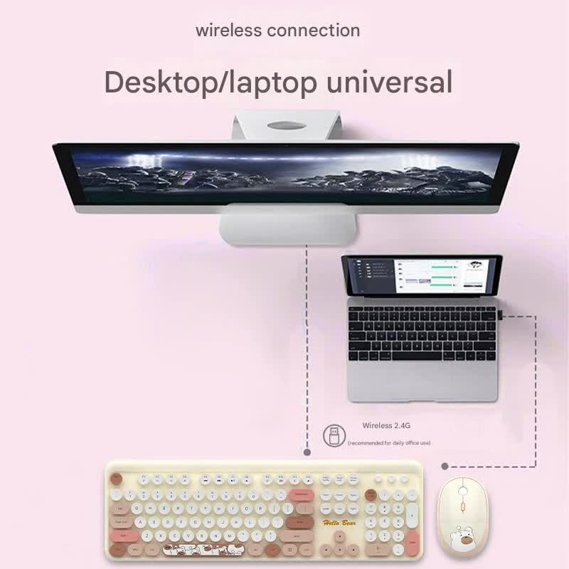 Hello Bear” Wireless Keyboard and Mouse Combo – 2.4G Connection, Retro Round Keycaps – Milk Tea Color