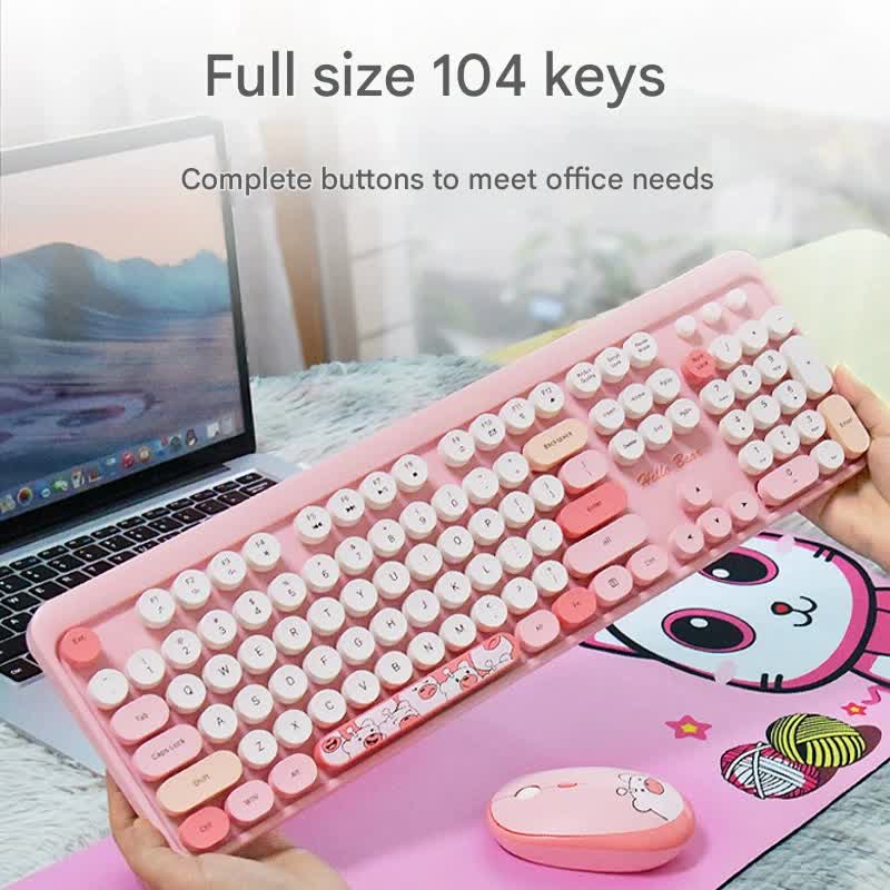 Hello Bear” Wireless Keyboard and Mouse Combo – 2.4G Connection, Retro Round Keycaps – Milk Tea Color