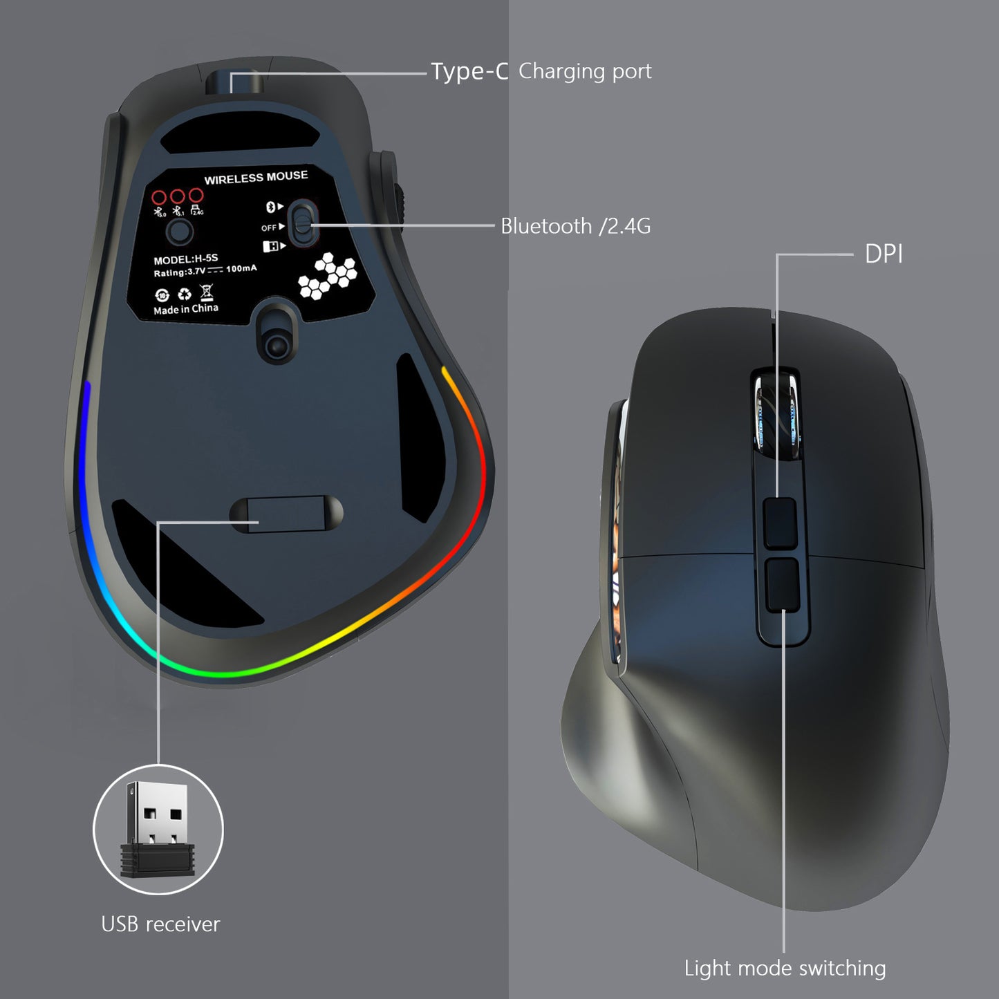 Ergonomic Vertical Wireless Mouse – Dual Mode (2.4G + Bluetooth), RGB Lighting, Rechargeable 500mAh – Gray