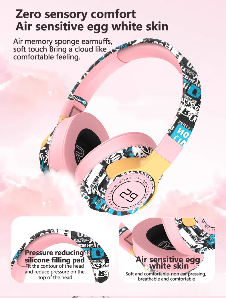 Trendy Graffiti Wireless Over-Ear Headphones – Bluetooth 5.1, HiFi 360° Surround Sound, 12H Playtime, Low Latency – Black