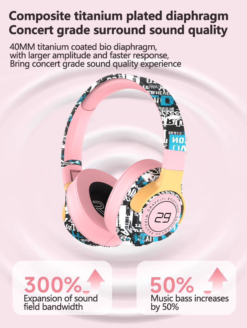 Trendy Graffiti Wireless Over-Ear Headphones – Bluetooth 5.1, HiFi 360° Surround Sound, 12H Battery Life, Low Latency – Blue
