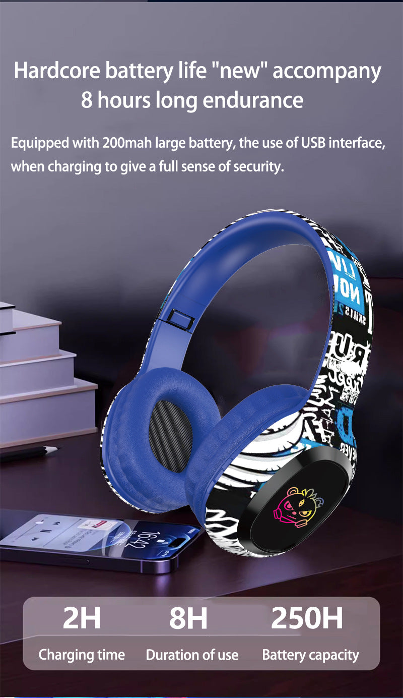 Wireless Over-Ear Headphones with Graffiti Design – Bluetooth 5.3, HiFi Sound, RGB Lighting, 8-Hour Playtime (Black)