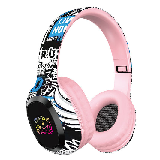 Wireless Over-Ear Headphones with Graffiti Design – Bluetooth 5.3, Hi-Fi Sound, RGB Lights, 8H Battery – Pink