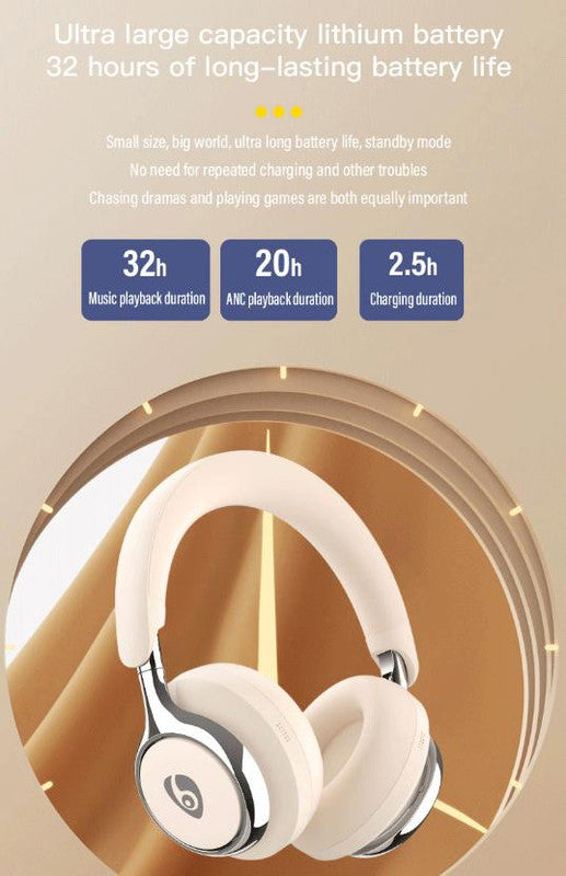 Beige Premium Wireless ANC Headphones – Bluetooth 5.4, 32H Playtime, Foldable Over-Ear Design, Comfort Earpads for Travel & Gaming