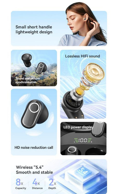 Black Feather-Light TWS Earbuds – Bluetooth 5.4, Hi-Fi Sound, LED Display Case, 60H+ Playtime, Touch Controls