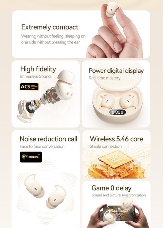 Beige Ultra-Comfort Wireless Sleep Earbuds – Bluetooth 5.4, Hi-Res Audio, Noise Isolation, 60H Playtime for Side Sleepers