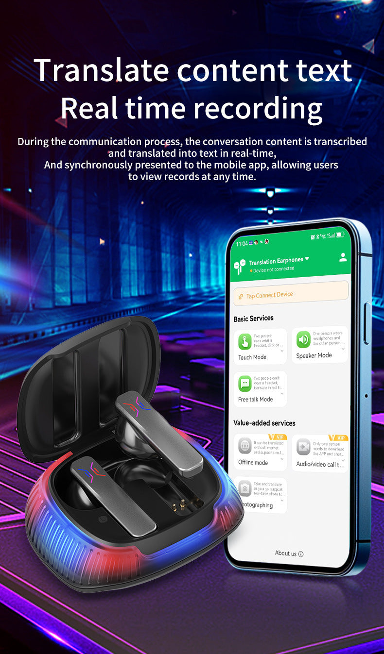 Smart AI Translator Earbuds – Bluetooth 5.3, Noise Reduction, LED Charging Case – Black