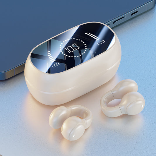 Skin Color Open-Ear Wireless Ear-Clip Earbuds – Bluetooth 5.3 Headphones with LED Display, Hi-Fi Stereo Sound & HD Mic for Sports & Calls