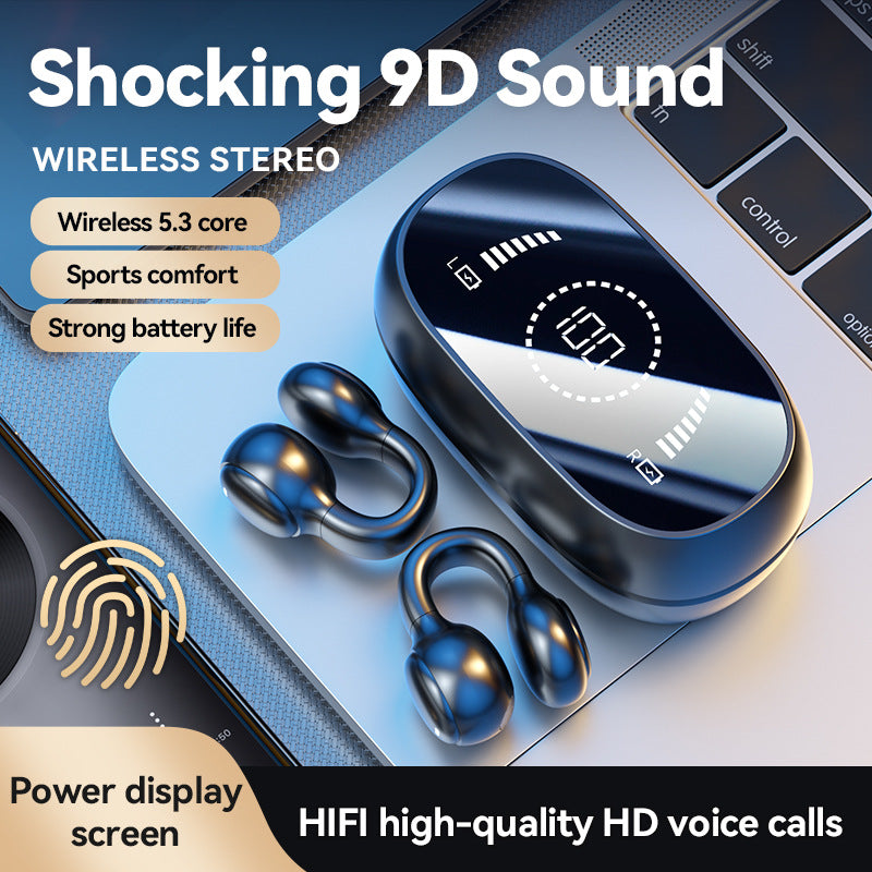 Skin Color Open-Ear Wireless Ear-Clip Earbuds – Bluetooth 5.3 Headphones with LED Display, Hi-Fi Stereo Sound & HD Mic for Sports & Calls