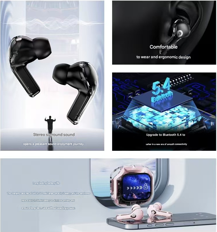 Black Smart TWS Bluetooth 5.4 Earbuds with Full-Color LCD Touchscreen Case – HiFi Stereo Sound & ENC Noise Cancelling