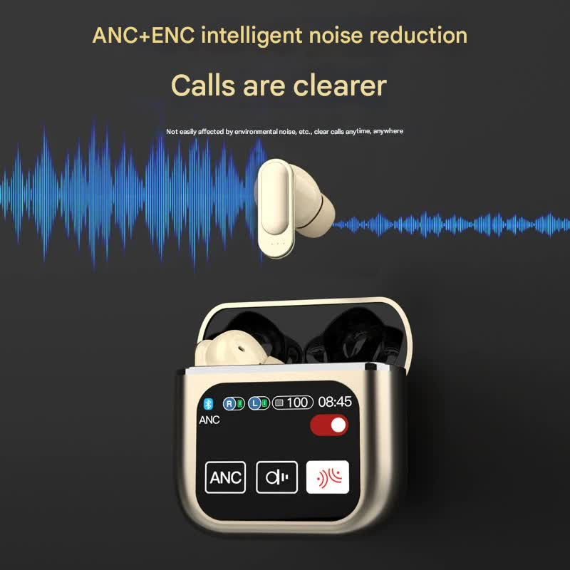 TWS Bluetooth Earbuds with 1.9'' HD Touchscreen Charging Case – ANC/ENC Noise Reduction, Hi-Fi Sound (Champagne