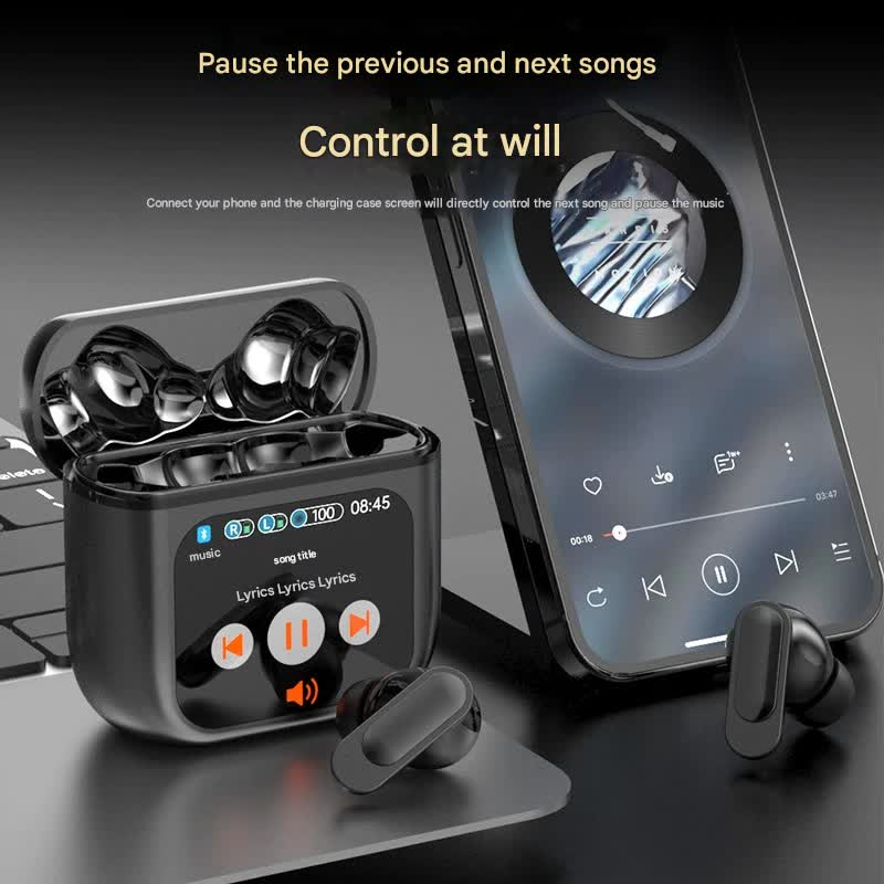 TWS Bluetooth Earbuds with 1.9'' HD Touchscreen Charging Case – ANC/ENC Noise Reduction, Hi-Fi Sound (Champagne