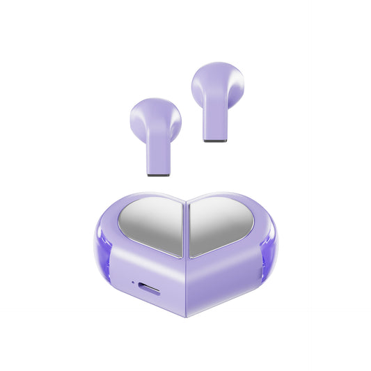 Mini True Wireless Bluetooth 5.3 Earbuds – Heart & Capsule Case, Touch Control, Auto-Connect (Purple)