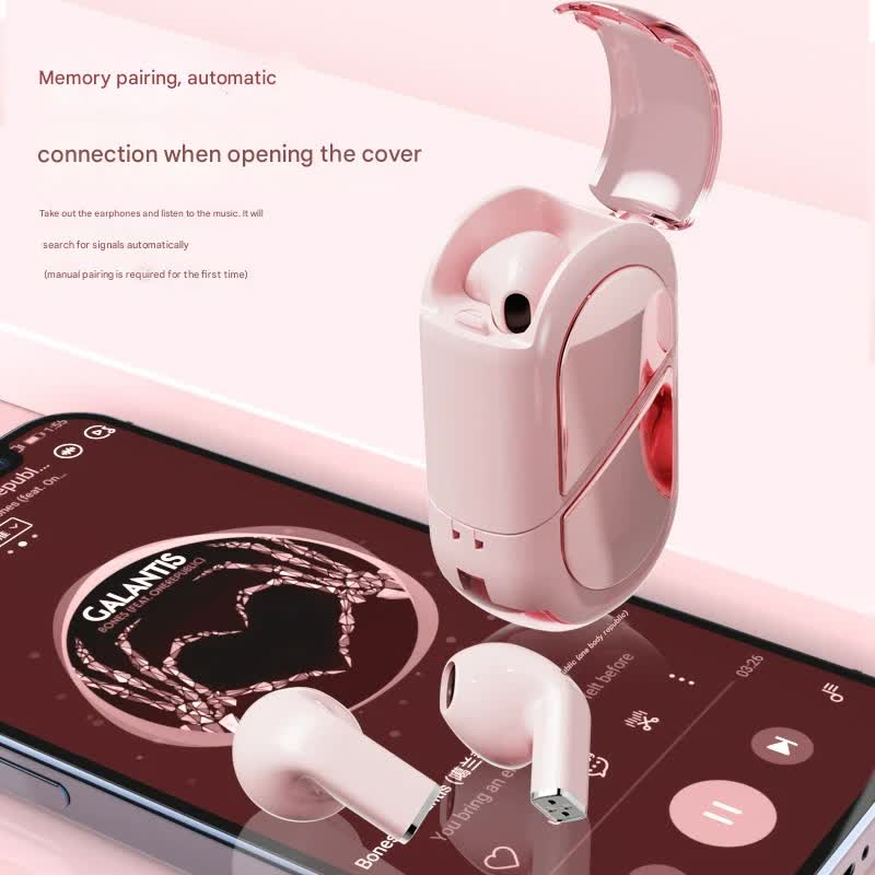 Mini True Wireless Bluetooth 5.3 Earbuds – Heart & Capsule Case, Touch Control, Auto-Connect (Purple)