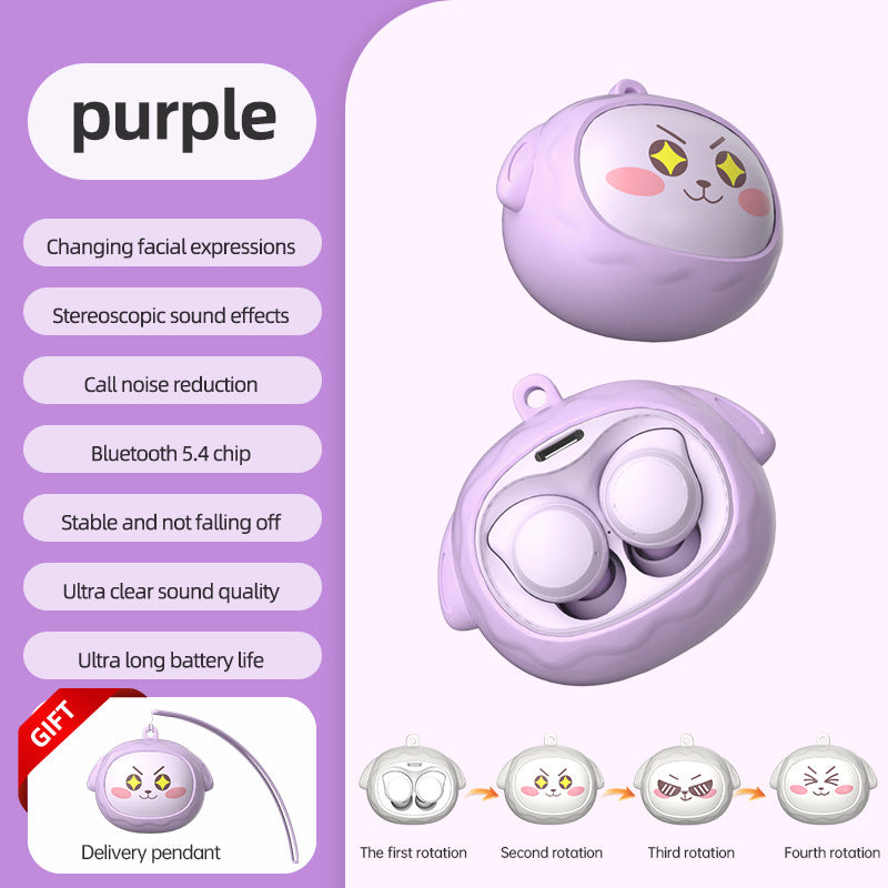 Fun Face-Changing TWS Earbuds with Rotating Case – Bluetooth 5.4 Wireless Earphones, High-Quality Sound (Purple)