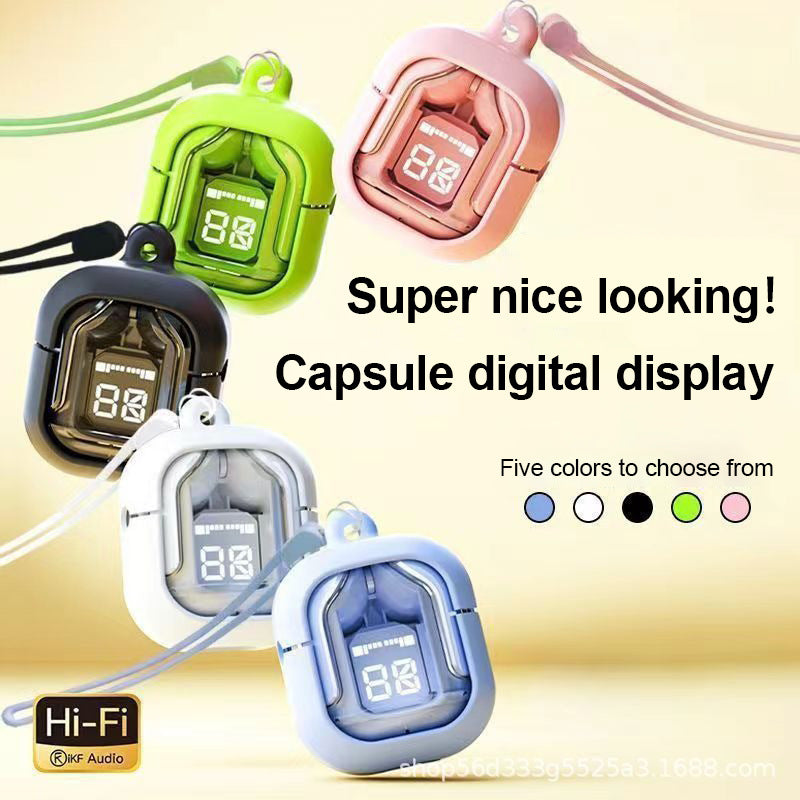 Transparent Capsule TWS Earbuds – Bluetooth 5.3, LED Digital Display, IPX4 Waterproof, Type-C Charging – Black