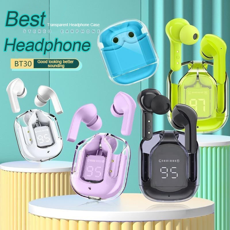 Transparent Capsule TWS Earbuds – Bluetooth 5.3, LED Display, IPX4 Waterproof, Type-C Fast Charging – Green