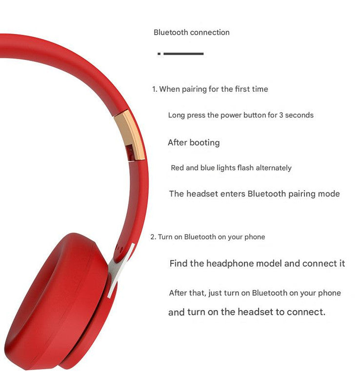 Wireless Bluetooth 5.0 Over-Ear Headphones – HiFi Deep Bass, Foldable Design, 10-Hour Playtime (Red)