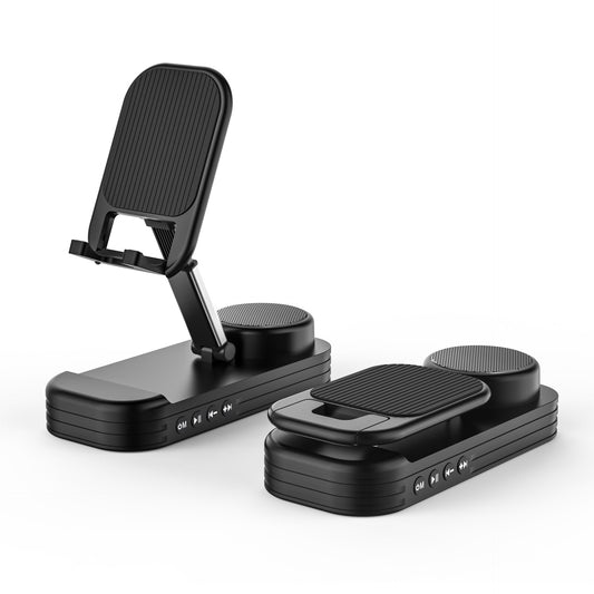 Foldable Desktop Phone Stand with Bluetooth 5.3 Speaker – Adjustable Height & Angle, TF Card & Line-In Support – Black