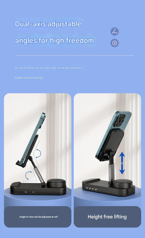 Foldable Desktop Phone Stand with Bluetooth 5.3 Speaker – Adjustable Height & Angle, TF Card & Line-In Support – Black