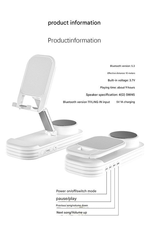 Foldable Desktop Phone Stand with Bluetooth 5.3 Speaker – Adjustable Height & Angle, TF Card & Line-In Support – Black