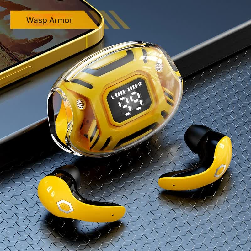 Mecha-Style TWS Gaming Earbuds – Bluetooth 5.3, Low Latency, Noise Cancelling, LED Display Case, Ear-Hook Design (Yellow)
